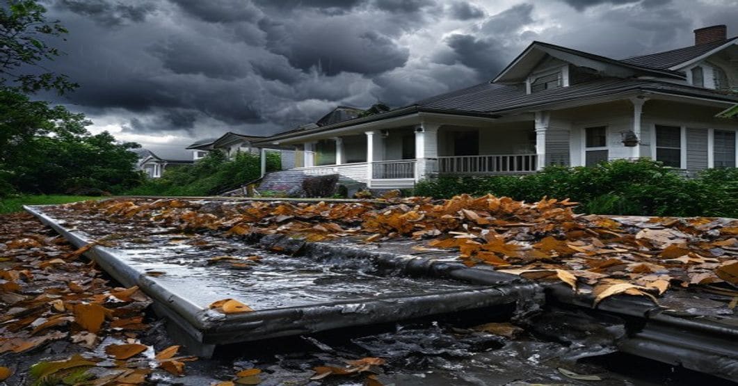 Residential gutters overflowing with leaves and debris during a South Jersey summer rainstorm with dark storm clouds approaching