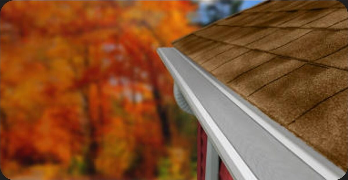 Clean gutter guard installed on roofline with fall foliage background