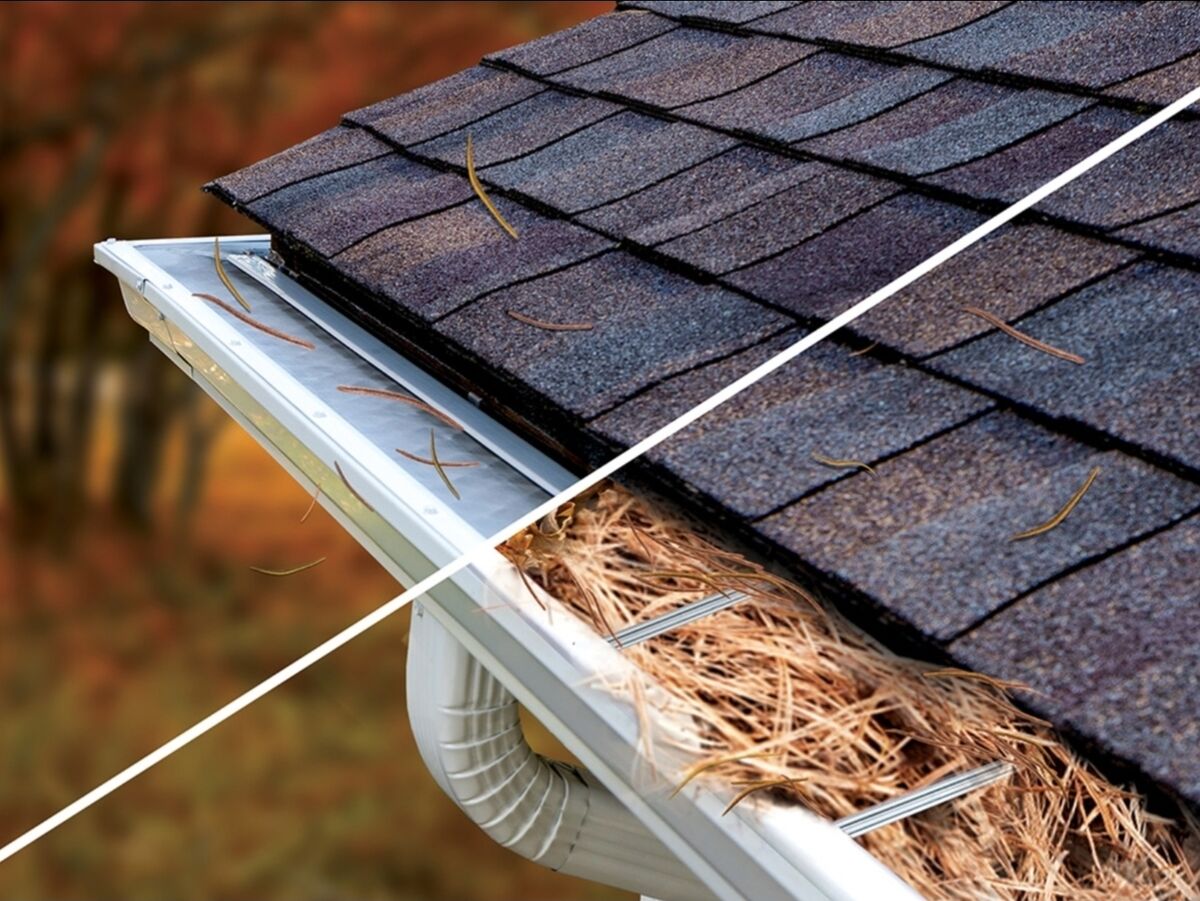 Before and after comparison showing clogged gutter vs. protected gutter with guard