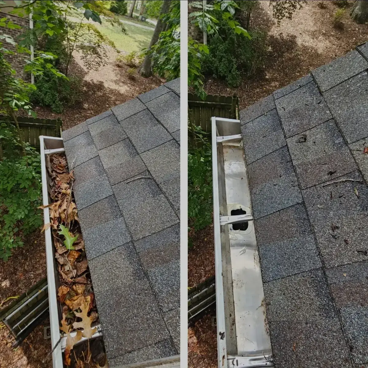 Gutter cleaning before and after debris removal