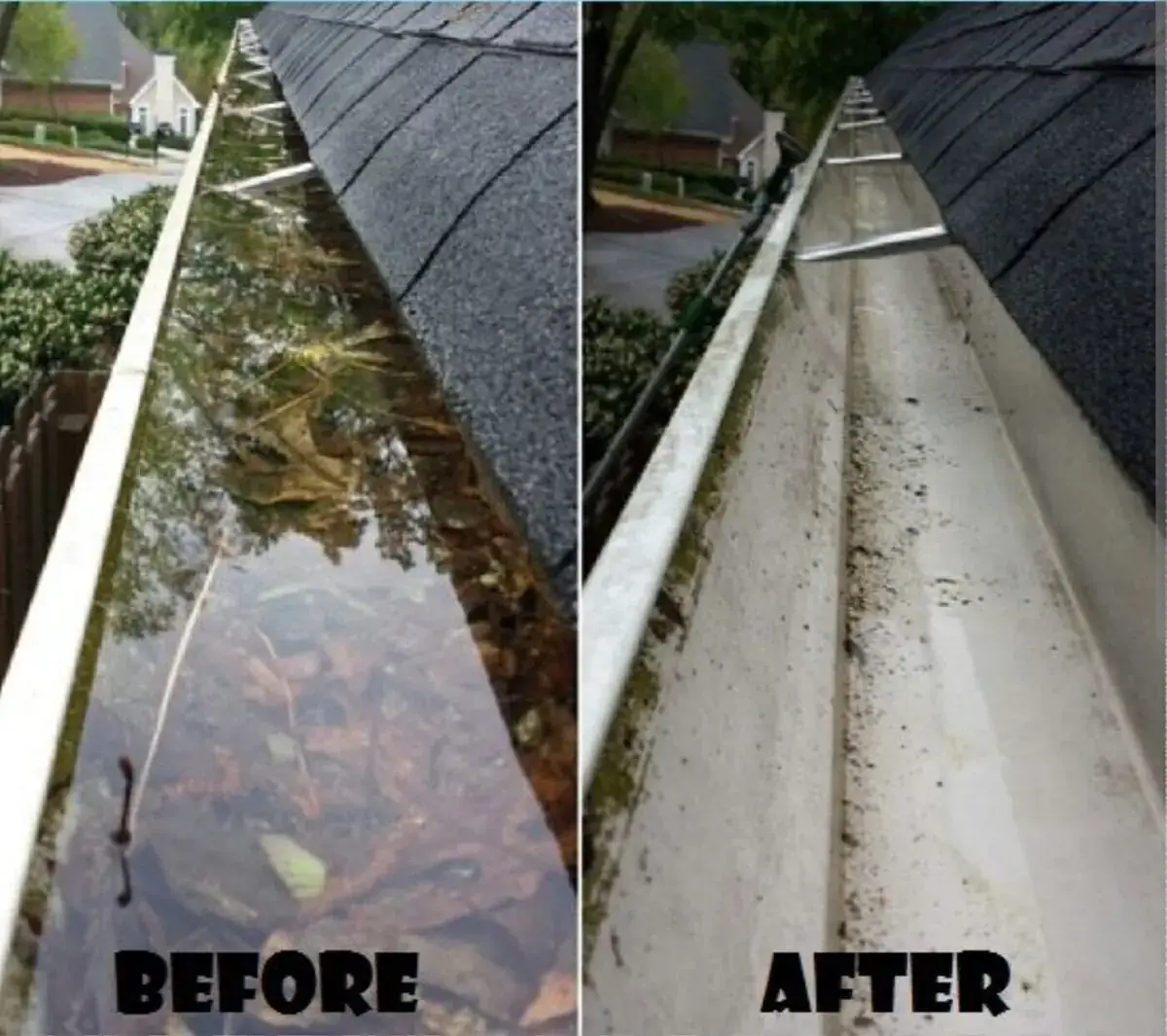 Standing water in a clogged gutter cleared so it drains properly