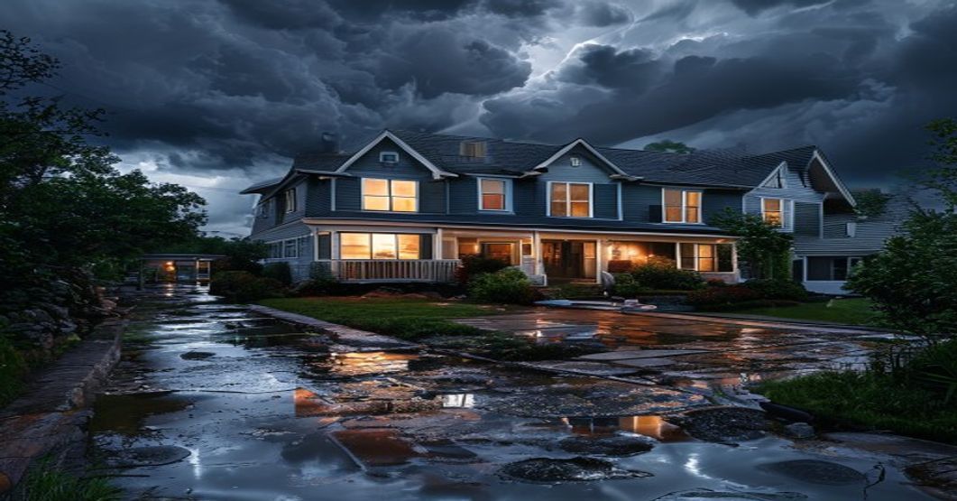 South Jersey home with storm clouds approaching and gutters overflowing