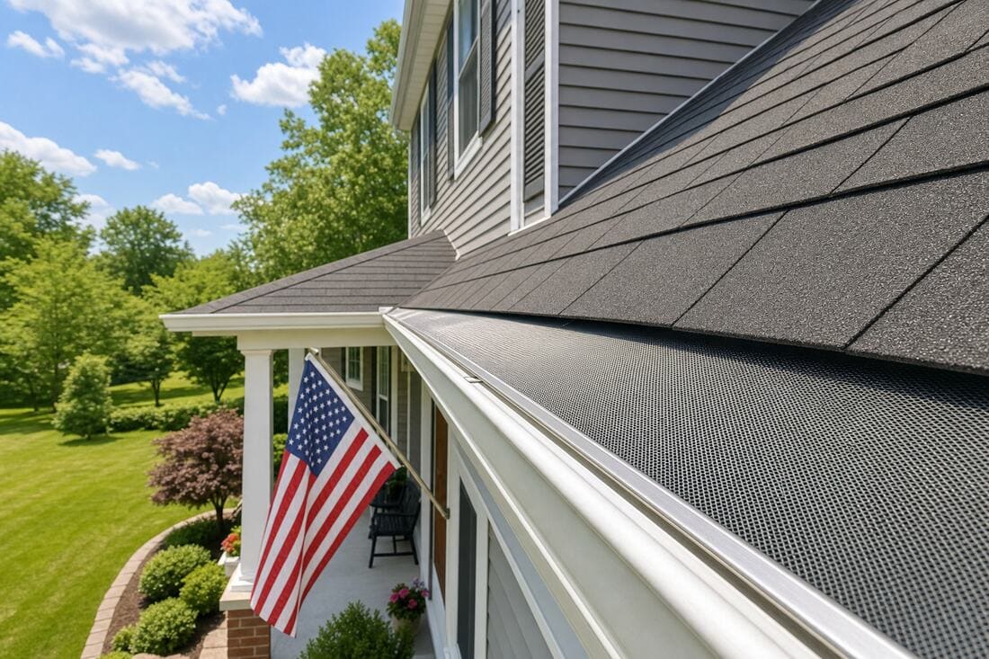 Micro-mesh gutter guards installed on a South Jersey home during summer with American flag on the porch