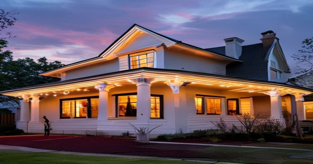 Professional installing permanent LED roofline lighting on a South Jersey home