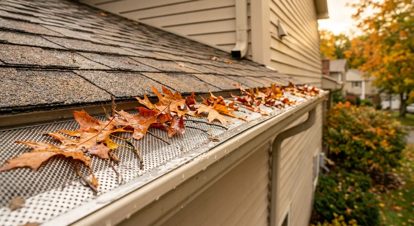Micro-mesh gutter guard installed on a residential roofline with autumn leaves resting on top, demonstrating debris protection