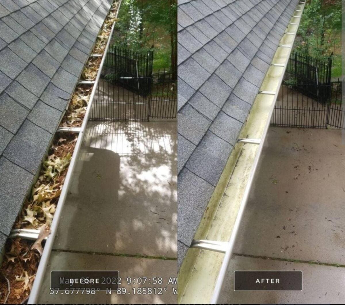 Before and after gutter cleaning showing heavy debris removed