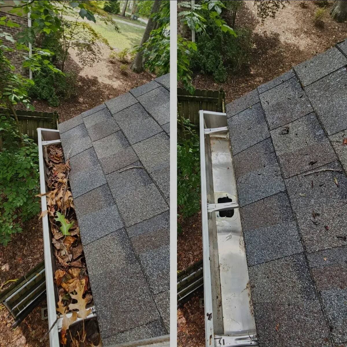 Before and after of a same-day gutter cleaning