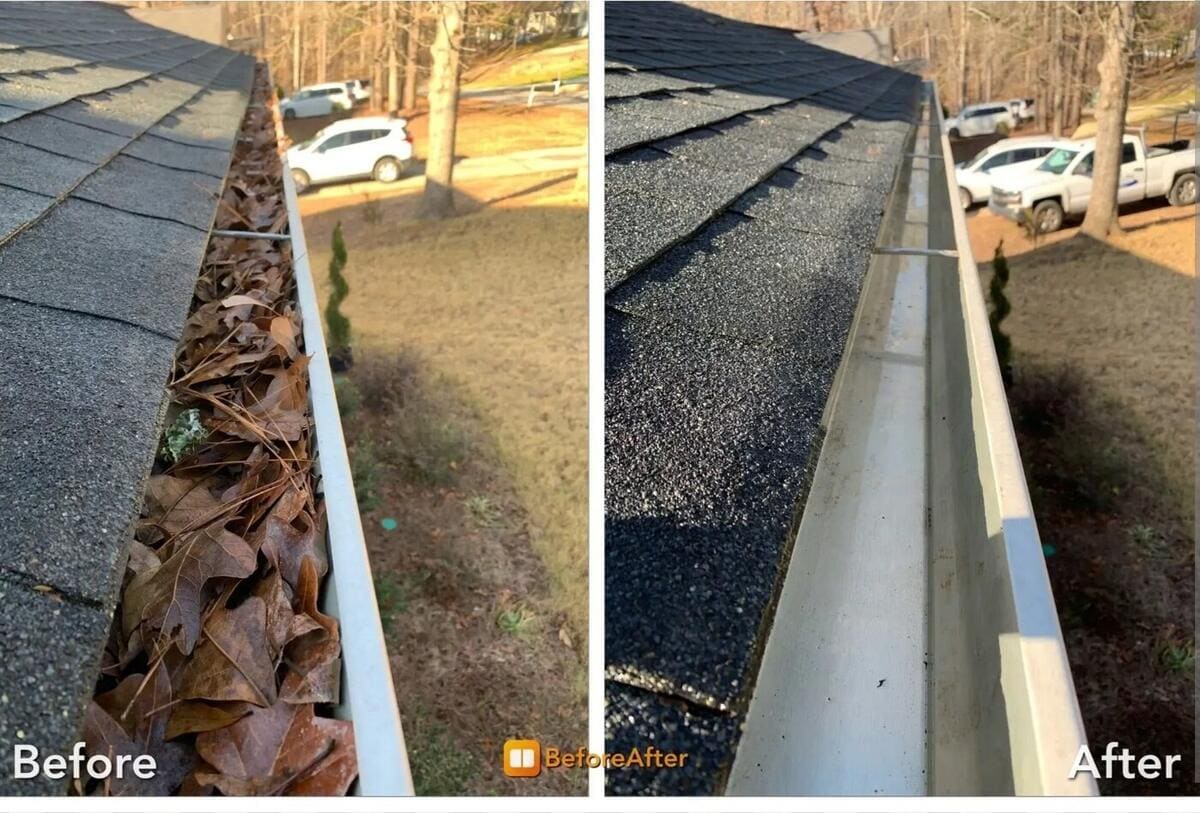 Before and after gutter cleaning showing oak leaves removed from a South Jersey gutter