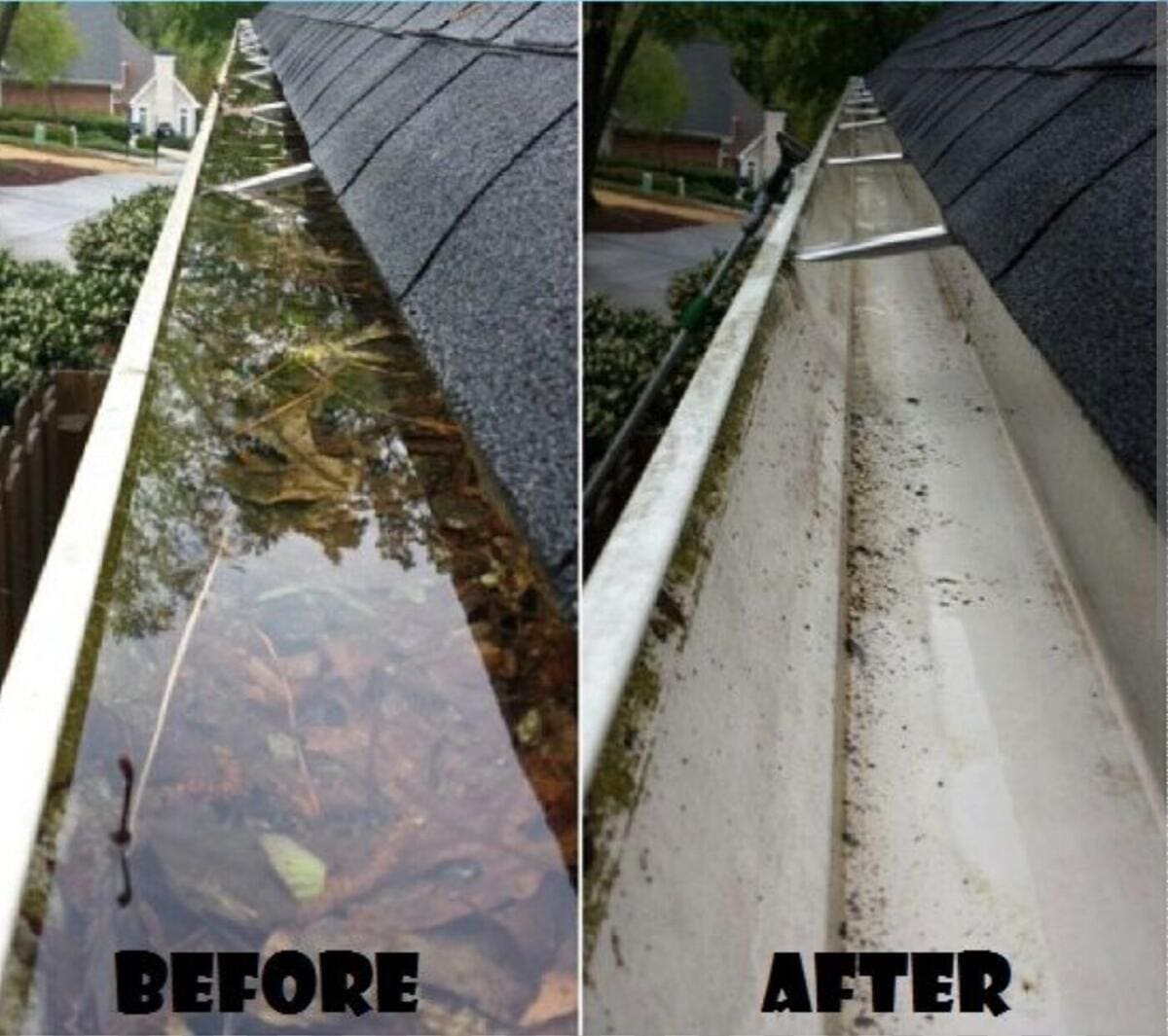 Standing water from a clogged downspout cleared so it drains properly