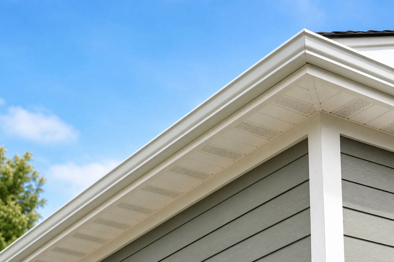 Clean white fascia board and vented soffit along a home roofline