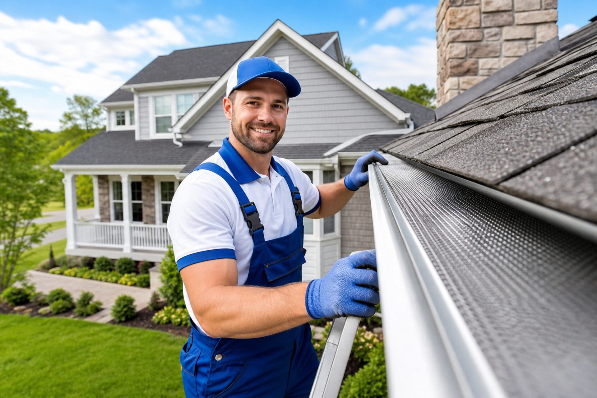 Friendly professional gutter guard installer placing GutterGlove micro-mesh gutter guards on a South Jersey home on a bright sunny day