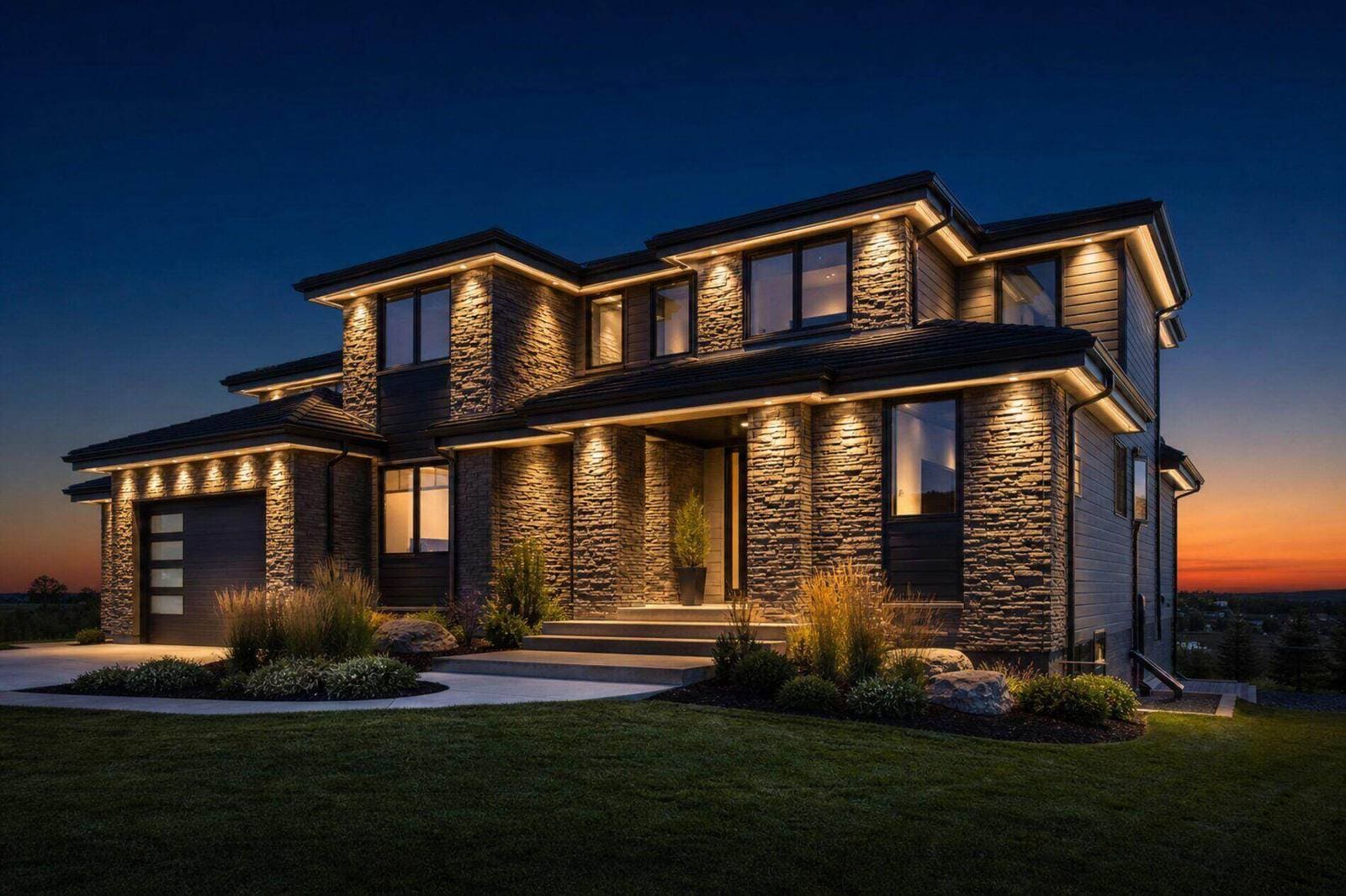 Permanent Oelo LED roofline lighting on a home